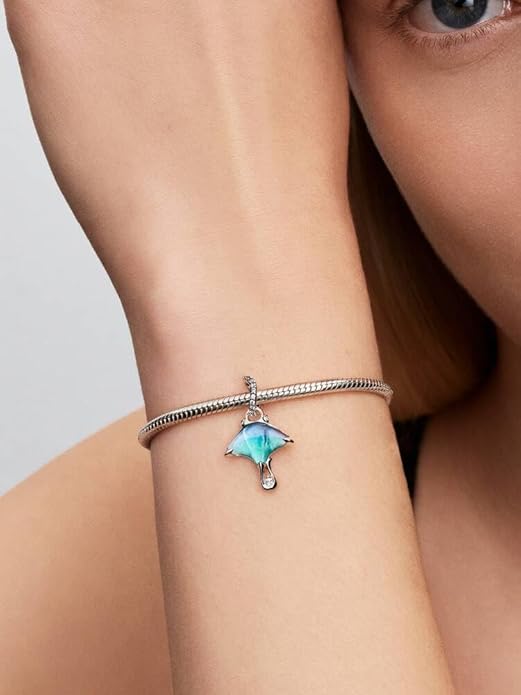 Manta Sterling Silver Dangle with Clear Cubic Zirconia, White bioresin Man-Made Mother of Pearl, Enamel and Shaded Blue Murano g - obrazek 4