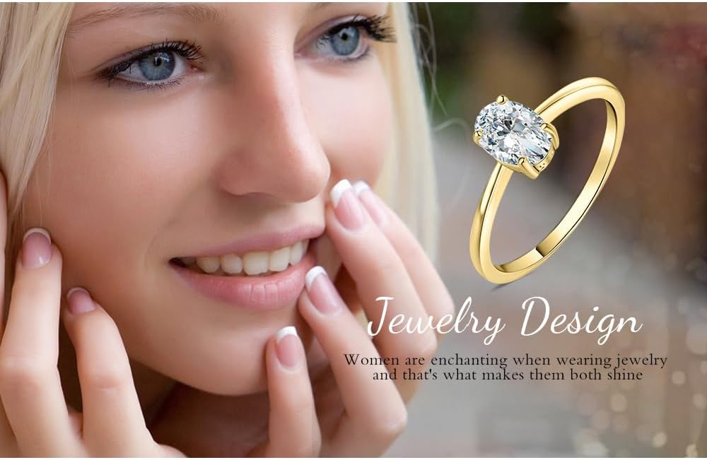 JewelryPalace 1ct klasyczny pierścionek damski pozłacany 14-karatowym żółtym złotem z cyrkonią, złote pierścionki z owalnym szlifem kamienia, złoty pierścionek ślubny zestaw biżuterii damskiej 10,5 - obrazek 5