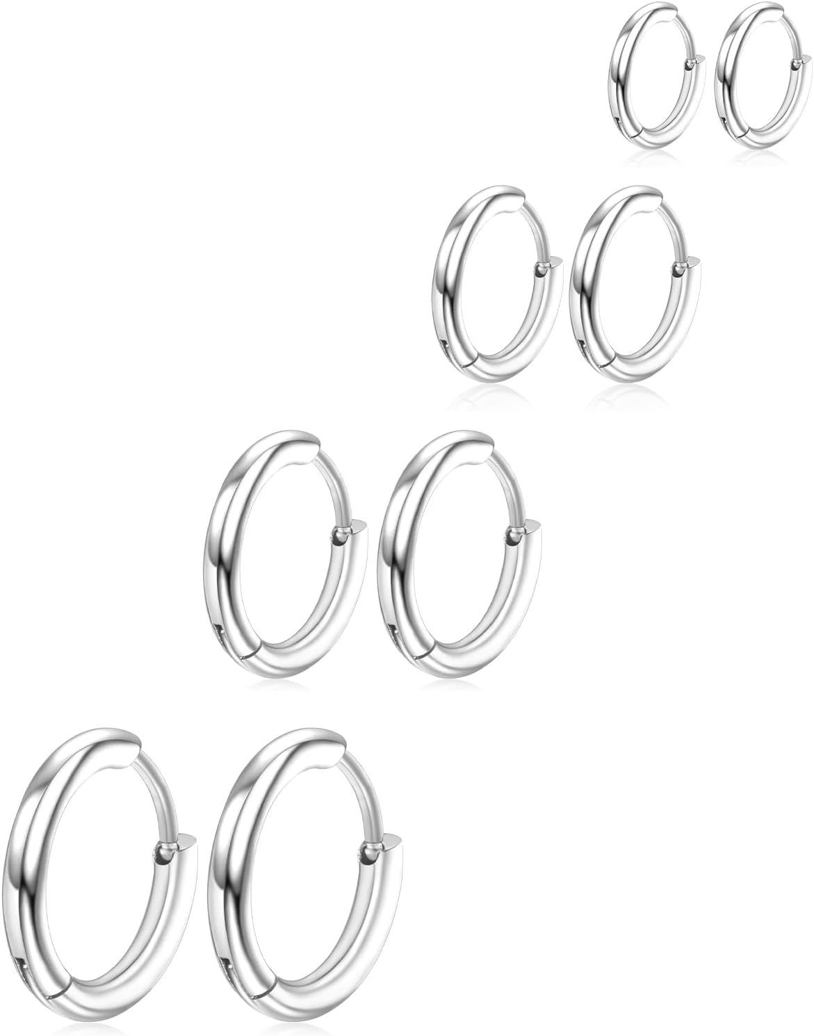 Zestaw 4 par kolczyków kółek ze stali chirurgicznej 316L dla mężczyzn i kobiet – 8 mm, 10 mm, 12 mm, 14 mm – srebrny - obrazek 2