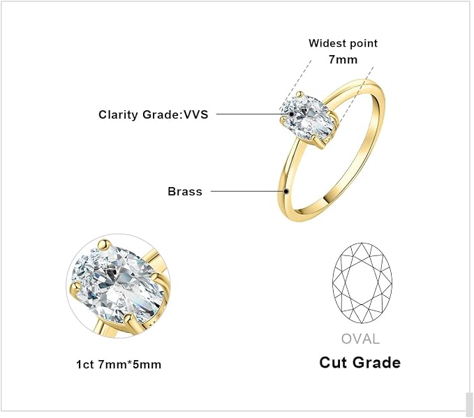 JewelryPalace 1ct klasyczny pierścionek damski pozłacany 14-karatowym żółtym złotem z cyrkonią, złote pierścionki z owalnym szlifem kamienia, złoty pierścionek ślubny zestaw biżuterii damskiej 11,5 - obrazek 2