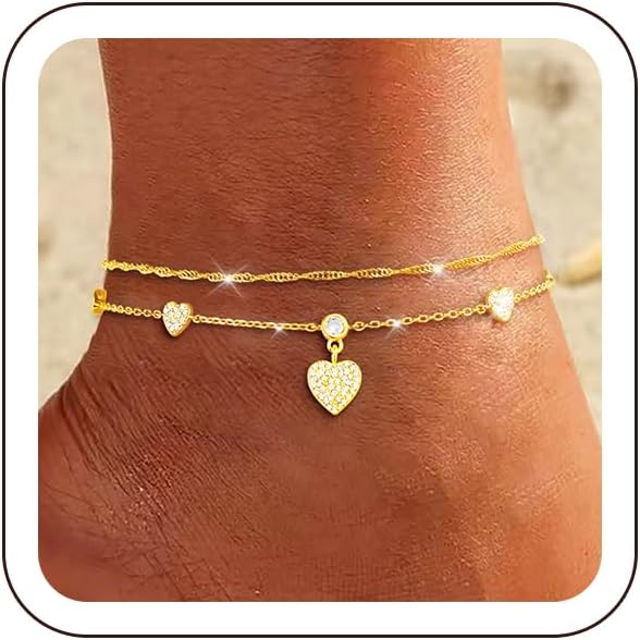 ZOERAY złote srebrne bransoletki ankietowe dla kobiet wodoodporne 18-karatowe złoto platerowane kotwice dla kobiet nie usztywniane Dainty Layered Heart Anklet Set Summer Beach Foot Chain biżuteria - obrazek 4