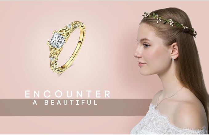 JewelryPalace Vintage Symulowany diament pierścionek damski pozłacany 14-karatowym żółtym złotem, celtycki pierścionek zaręczynowy, pierścionek ze złota 18,5 - obrazek 6