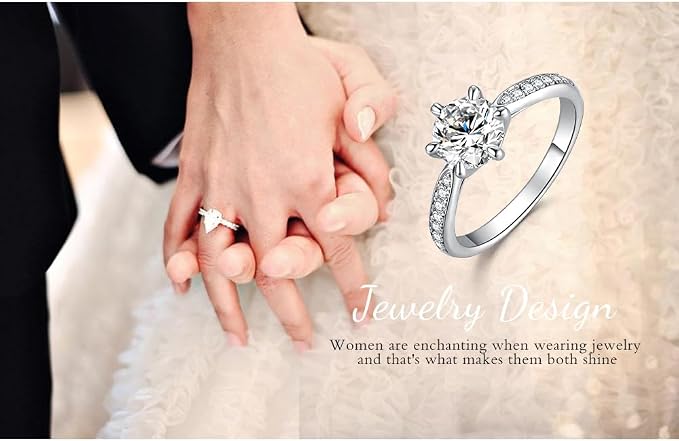 JewelryPalace 1.5ct klasyczny pierścionek Moissanite okrągły pas Solitaire kamień pozłacany 14K białe złoto, pierścionek z brylantem symulowane zaręczyny ślubne obietnica obrączki, zestaw biżuterii - obrazek 6