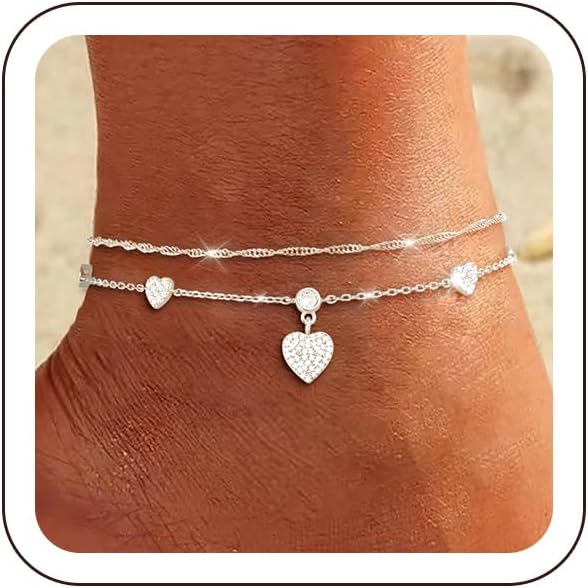 ZOERAY złote srebrne bransoletki ankietowe dla kobiet wodoodporne 18-karatowe złoto platerowane kotwice dla kobiet nie usztywniane Dainty Layered Heart Anklet Set Summer Beach Foot Chain biżuteria - obrazek 3