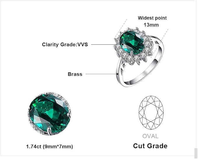 JewelryPalace Kate Middleton Halo Damski pierścionek pozłacany 14-karatowym białym złotem z symulowanym zielonym szmaragdem, księżniczka Diana William pierścionki damskie owalne kamienie, złota - obrazek 2