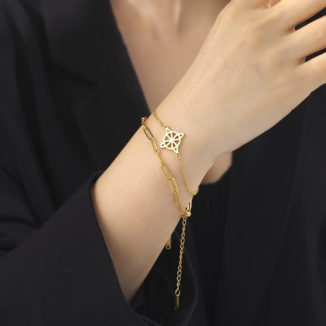 Bransoletka z węzłem czarownic dla kobiet węzeł celtycki symbol wiccan warstwowa bransoletka ze stali nierdzewnej unikalny amulet regulowana dwuwarstwowa bransoletka - obrazek 3