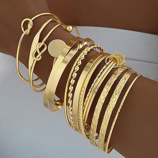 15 złotych bransoletek w stylu boho, dla kobiet, w stylu vintage, do układania w stosy, grube złote bransoletki punkowe, biżuteria karnawałowa, modne prezenty - obrazek 4