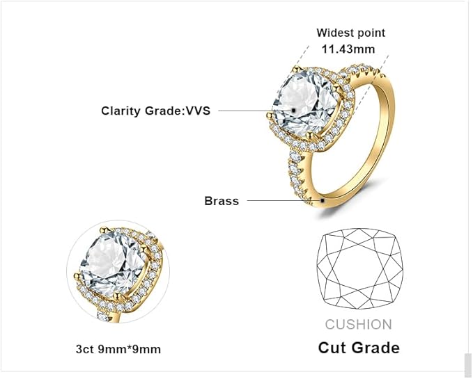 JewelryPalace Pierścionek zaręczynowy pierścionek zaręczynowy dla kobiet, poduszka 3ct cyrkonia pozłacana żółtym złotem, 14 K, obietnica ślubna, piękny prezent urodzinowy, biżuteria damska 49 - obrazek 2