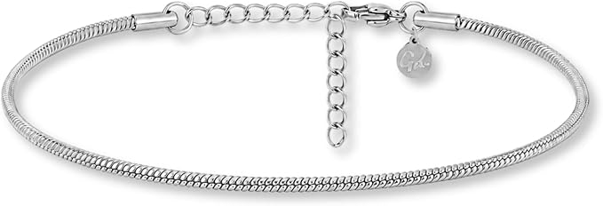 Bransoletka na kostkę damska – Elegancka bransoletka na kostkę ze stali nierdzewnej 316L w kolorze złota 18K, różowego złota lub srebra – Okrągły łańcuszek typu snake 2 mm – (22–27 cm)