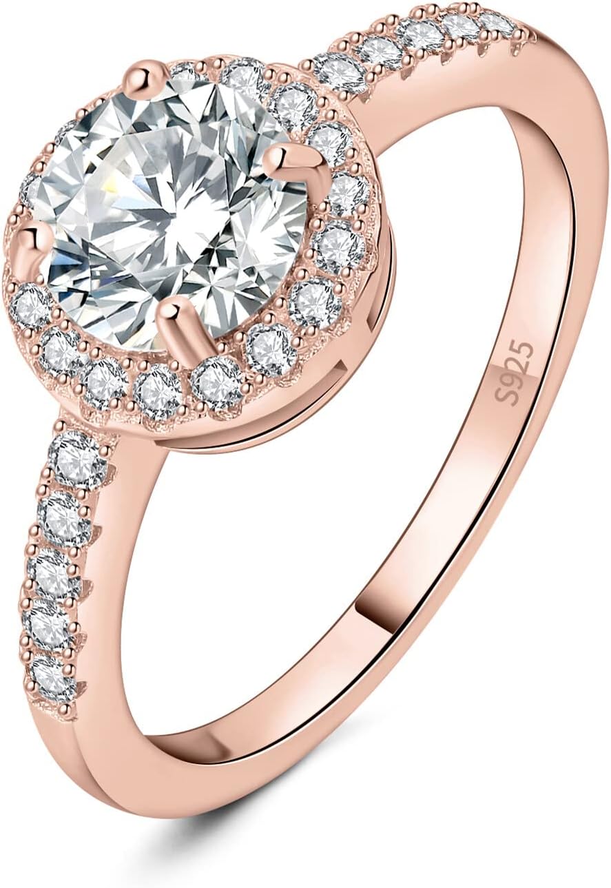 JewelryPalace okrągły szlif 1ct cyrkonia halo pierścionek zaręczynowy damski pierścionek zaręczynowy srebro 925, rocznicowe obrączki różowe złoto - obrazek 2