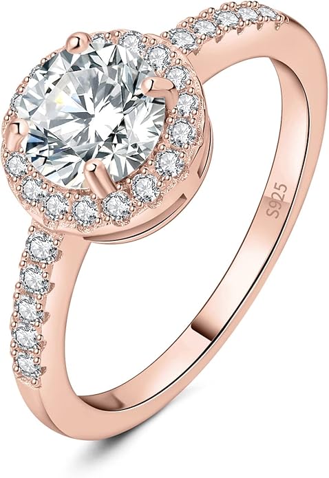 JewelryPalace okrągły szlif 1ct cyrkonia halo pierścionek zaręczynowy damski pierścionek zaręczynowy srebro 925, rocznicowe obrączki różowe złoto
