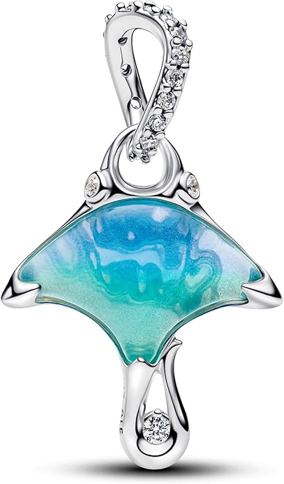 Manta Sterling Silver Dangle with Clear Cubic Zirconia, White bioresin Man-Made Mother of Pearl, Enamel and Shaded Blue Murano g