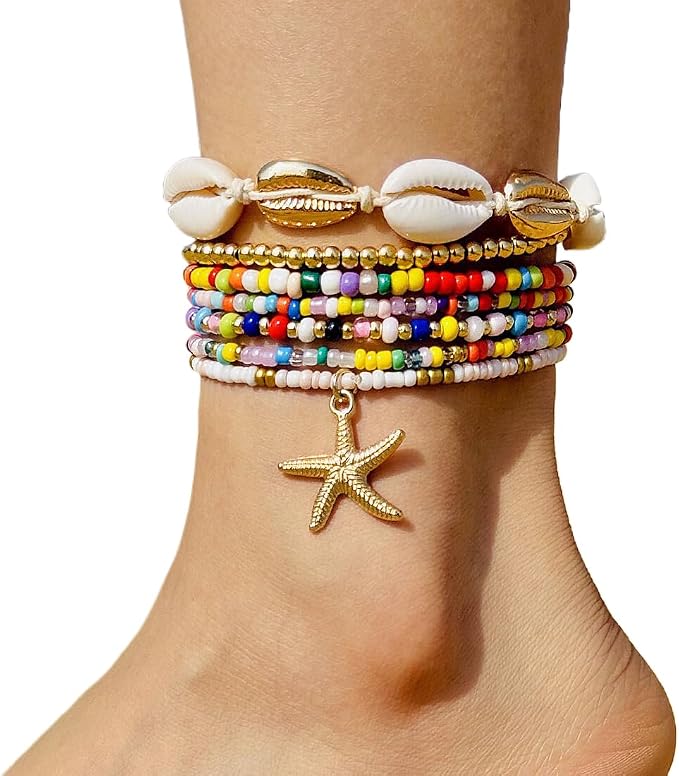 7 sztuk damskich bransoletek na kostkę, wielowarstwowe bransoletki na kostkę Boho, bransoletki na kostkę z rozgwiazdą, letnie bransoletki plażowe, akcesoria jubilerskie dla dziewcząt kobiet, - obrazek 7