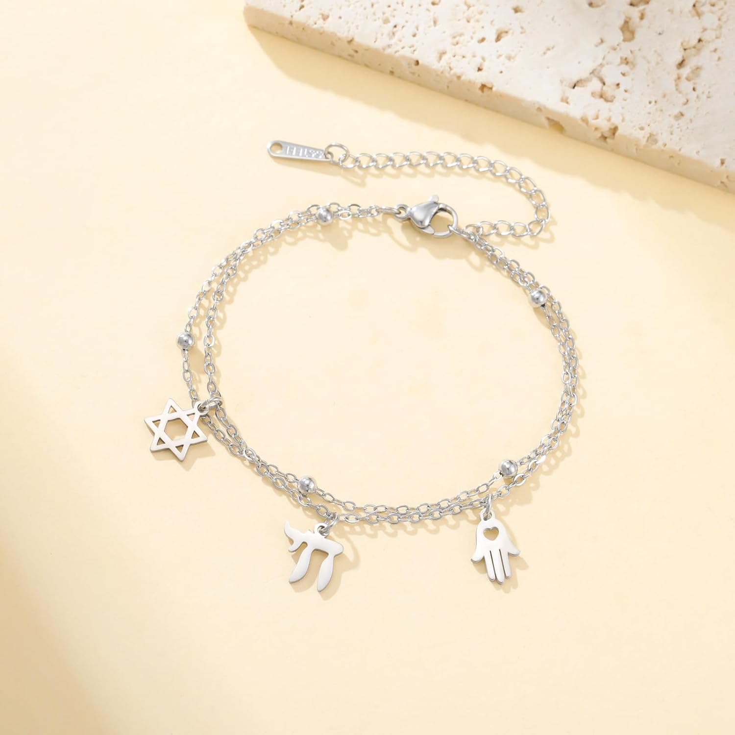 LIKGREAT Bransoletka Gwiazda Dawida i Chai Hebrajskiego | Z zawieszką Haszemowa Ręcznie Ze Stali Nierdzewnej Bransoletka Regulowana Żydowska Biżuteria Szczęście i Wiara Dla Kobiet - obrazek 4
