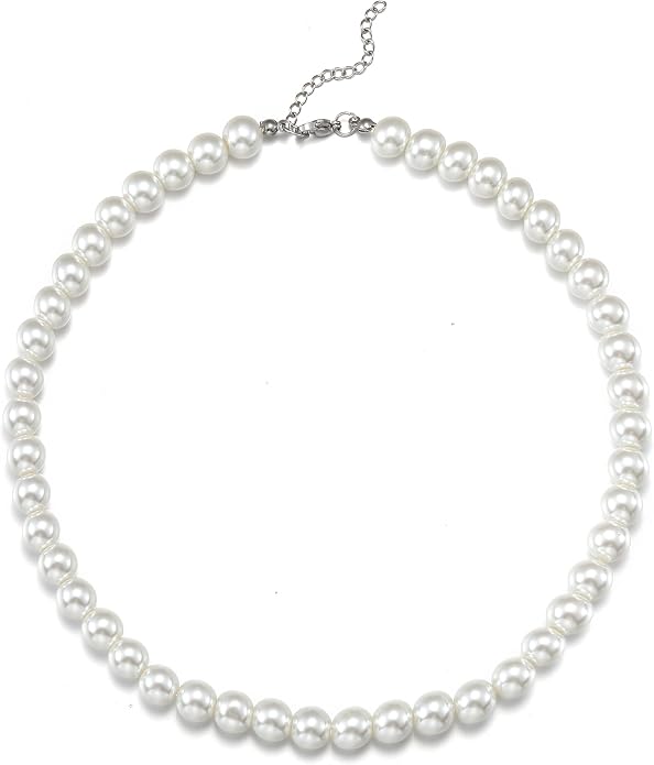Naszyjnik damski z białymi okrągłymi perłami, długość 45 cm, sztuczne perły, choker, naszyjnik, naszyjnik z pereł na wesele, imprezę, 6/8/10/12/14 mm, 45.72 cm x 6 mm, Perła, Perła