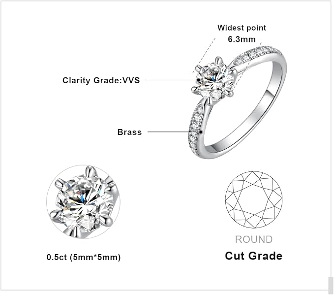 JewelryPalace 0,5ct klasyczny pierścionek z pasjansem damski pozłacany 14-karatowym białym złotem z motywem moissanitu, symulowany diament pierścionki z bocznymi kamieniami, proste pierścionki - obrazek 2