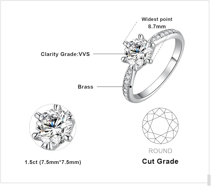 JewelryPalace 1.5ct klasyczny pierścionek Moissanite okrągły pas Solitaire kamień pozłacany 14K białe złoto, pierścionek z brylantem symulowane zaręczyny ślubne obietnica obrączki, zestaw biżuterii - obrazek 2