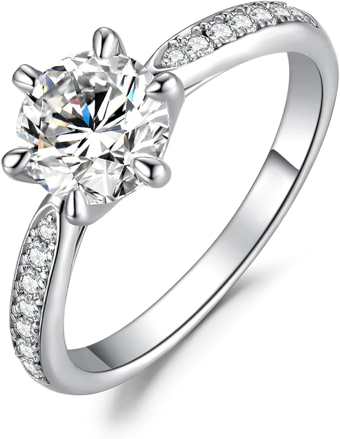 JewelryPalace 1.5ct klasyczny pierścionek Moissanite okrągły pas Solitaire kamień pozłacany 14K białe złoto, pierścionek z brylantem symulowane zaręczyny ślubne obietnica obrączki, zestaw biżuterii