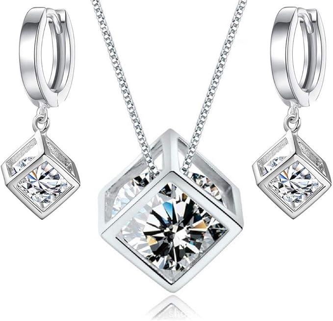 Crystalline Azuria Białe Kryształy Cyrkonu Sześcian Zestaw Wisiorek Naszyjnik 45 cm Wiszący Kolczyki Pozłacane 18 kt Białym Złotem