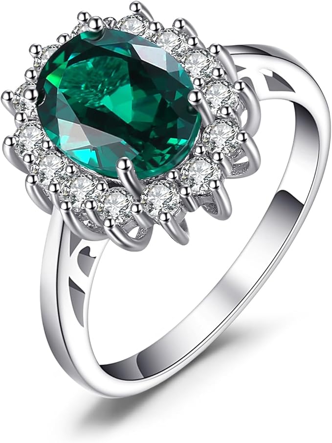 JewelryPalace Kate Middleton Halo Damski pierścionek pozłacany 14-karatowym białym złotem z symulowanym zielonym szmaragdem, księżniczka Diana William pierścionki damskie owalne kamienie, złota