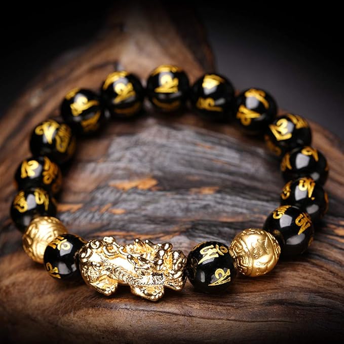 Feng Shui Golden Pi Xiu Lucky bogaty amulet bransoletka, czarna naturalna obsydian bransoletka bogactwo - obrazek 3