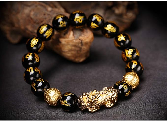 Feng Shui Golden Pi Xiu Lucky bogaty amulet bransoletka, czarna naturalna obsydian bransoletka bogactwo - obrazek 7
