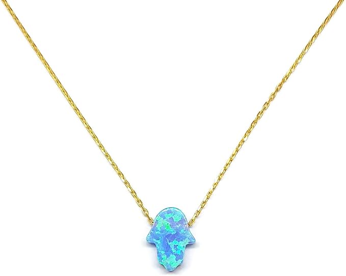 MYSTIC JEWELS by Dalia Naszyjnik z wisiorkiem „Ręka Fatimy”, srebro próby 925, sztuczny opal, regulowana długość 40 cm + 5 cm (srebrno-złota)