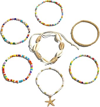 7 sztuk damskich bransoletek na kostkę, wielowarstwowe bransoletki na kostkę Boho, bransoletki na kostkę z rozgwiazdą, letnie bransoletki plażowe, akcesoria jubilerskie dla dziewcząt kobiet, - obrazek 2