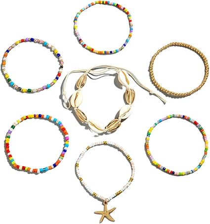 7 sztuk damskich bransoletek na kostkę, wielowarstwowe bransoletki na kostkę Boho, bransoletki na kostkę z rozgwiazdą, letnie bransoletki plażowe, akcesoria jubilerskie dla dziewcząt kobiet, - obrazek 4