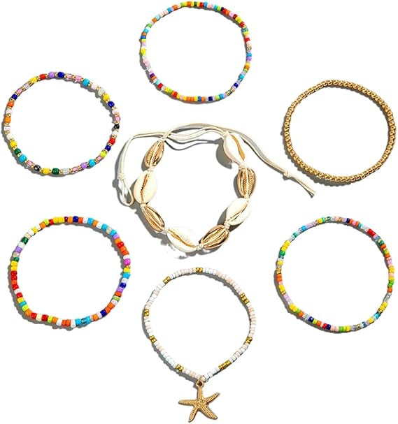 7 sztuk damskich bransoletek na kostkę, wielowarstwowe bransoletki na kostkę Boho, bransoletki na kostkę z rozgwiazdą, letnie bransoletki plażowe, akcesoria jubilerskie dla dziewcząt kobiet, - obrazek 7