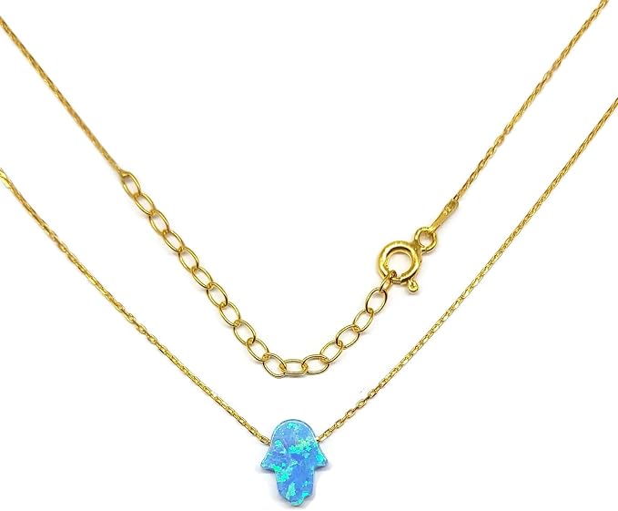 MYSTIC JEWELS by Dalia Naszyjnik z wisiorkiem „Ręka Fatimy”, srebro próby 925, sztuczny opal, regulowana długość 40 cm + 5 cm (srebrno-złota) - obrazek 3