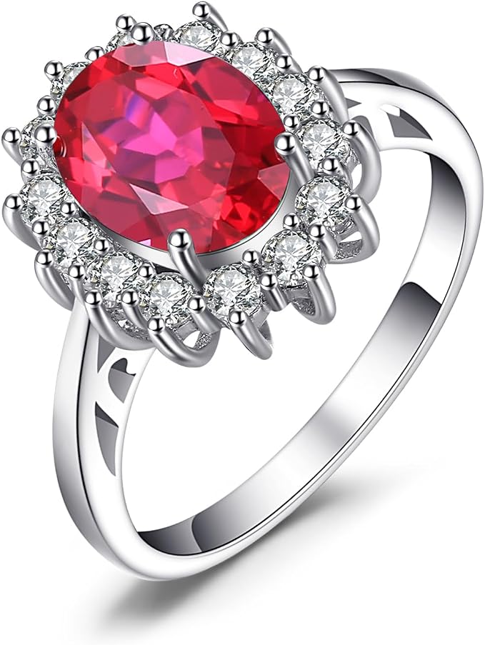 JewelryPalace Kate Middleton Halo damski pierścionek pozłacany 14-karatowym białym złotem z czerwonym rubinem, księżniczka Diana William pierścionki damskie z owalnym kamieniem, złota cyrkonia zestaw