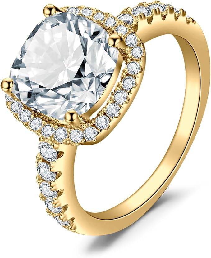 JewelryPalace Pierścionek zaręczynowy pierścionek zaręczynowy dla kobiet, poduszka 3ct cyrkonia pozłacana żółtym złotem, 14 K, obietnica ślubna, piękny prezent urodzinowy, biżuteria damska 49