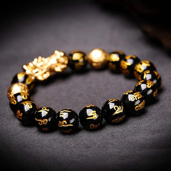Feng Shui Golden Pi Xiu Lucky bogaty amulet bransoletka, czarna naturalna obsydian bransoletka bogactwo - obrazek 5