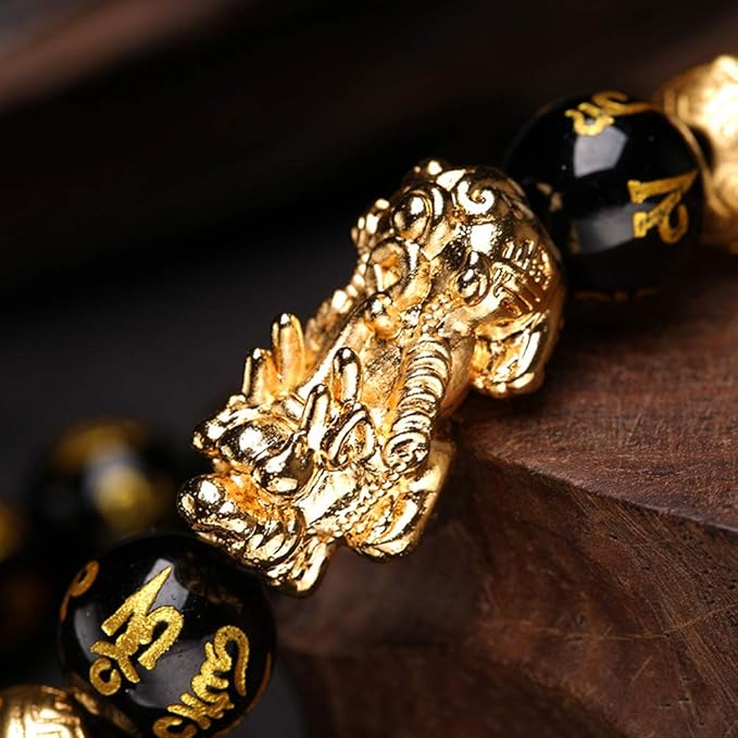 Feng Shui Golden Pi Xiu Lucky bogaty amulet bransoletka, czarna naturalna obsydian bransoletka bogactwo - obrazek 2