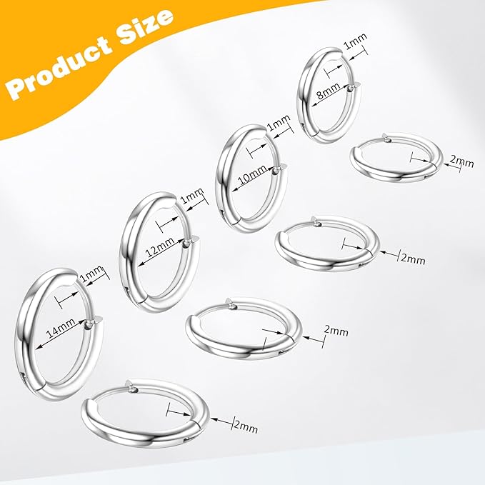 Zestaw 4 par kolczyków kółek ze stali chirurgicznej 316L dla mężczyzn i kobiet – 8 mm, 10 mm, 12 mm, 14 mm – srebrny - obrazek 3