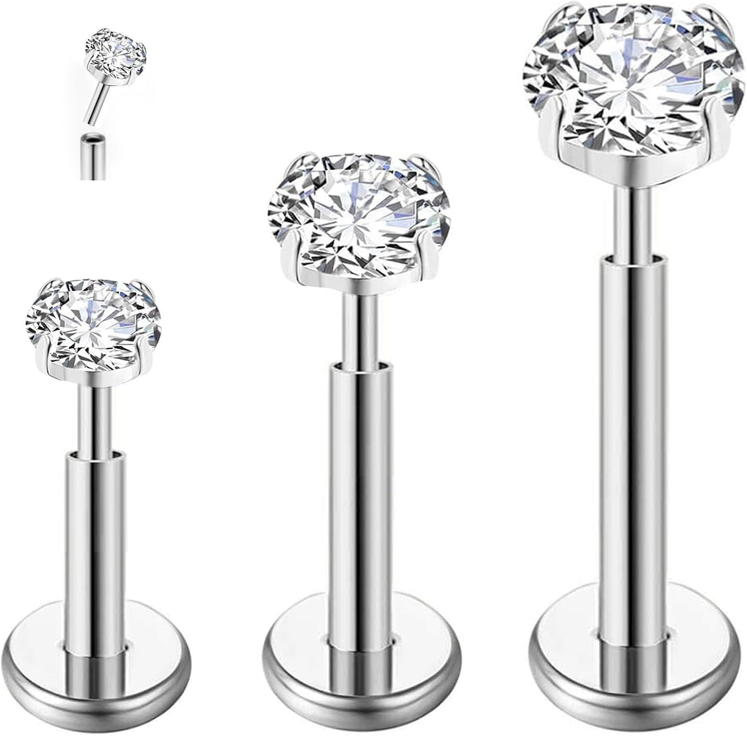 G23 tytanowy tragus piercing biżuteria helix labret kolczyk do nosa wargi kolczyk do chrząstki kolczyk Medusa Monroe hipoalergiczny bez nici wciskany płaski tył srebrny złoty CZ 16g 6mm 8mm - obrazek 2