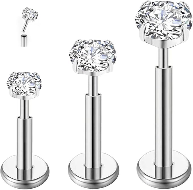 G23 tytanowy tragus piercing biżuteria helix labret kolczyk do nosa wargi kolczyk do chrząstki kolczyk Medusa Monroe hipoalergiczny bez nici wciskany płaski tył srebrny złoty CZ 16g 6mm 8mm