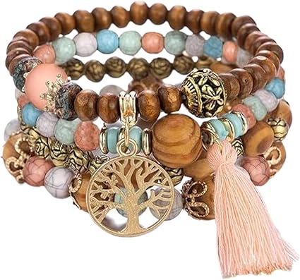 Boho Bransoletki Wielowarstwowe Drewniane Koraliki Bransoletki Damskie Letnie Bransoletki Damskie Drzewo Życia Bransoletki Z Frędzlami Zestaw Bransoletek - obrazek 4