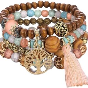 Boho Bransoletki Wielowarstwowe Drewniane Koraliki Bransoletki Damskie Letnie Bransoletki Damskie Drzewo Życia Bransoletki Z Frędzlami Zestaw Bransoletek