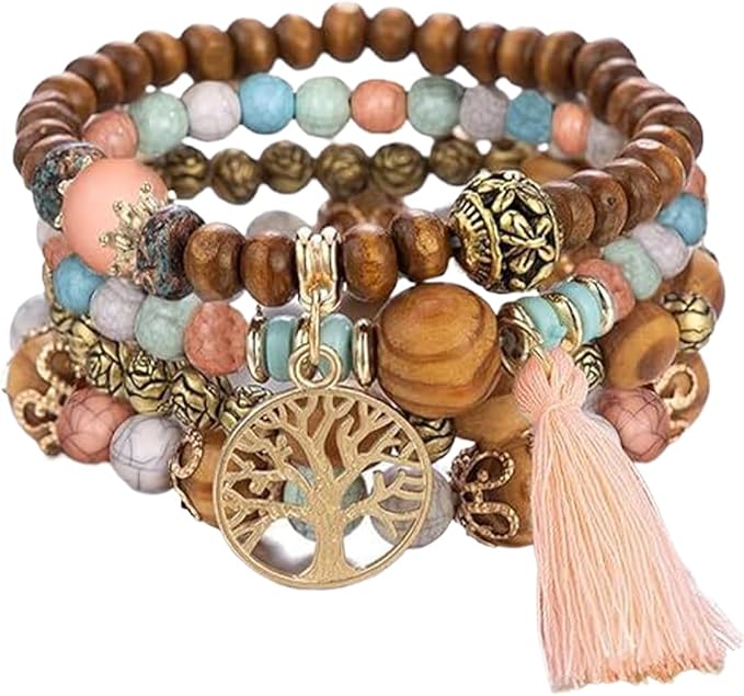 Boho Bransoletki Wielowarstwowe Drewniane Koraliki Bransoletki Damskie Letnie Bransoletki Damskie Drzewo Życia Bransoletki Z Frędzlami Zestaw Bransoletek