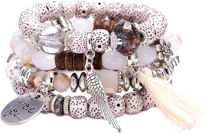 4-częściowy zestaw bransoletek z frędzlami, zawijana bransoletka z kamieniami naturalnymi w stylu boho, wielowarstwowa damska bransoletka marmurowa z koralikami w kształcie serca, regulowana