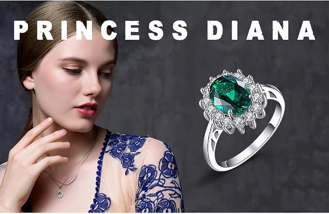 JewelryPalace Kate Middleton Halo Damski pierścionek pozłacany 14-karatowym białym złotem z symulowanym zielonym szmaragdem, księżniczka Diana William pierścionki damskie owalne kamienie, złota - obrazek 6