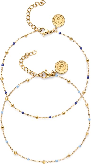 SINGULARU - Bransoletka na kostkę Zestaw 2 Niebieskich Bransoletek na Kostkę Przyjaźni. Stal mit Pozłacany złotem 18K und Szkliwo. Schmuck für Damen.