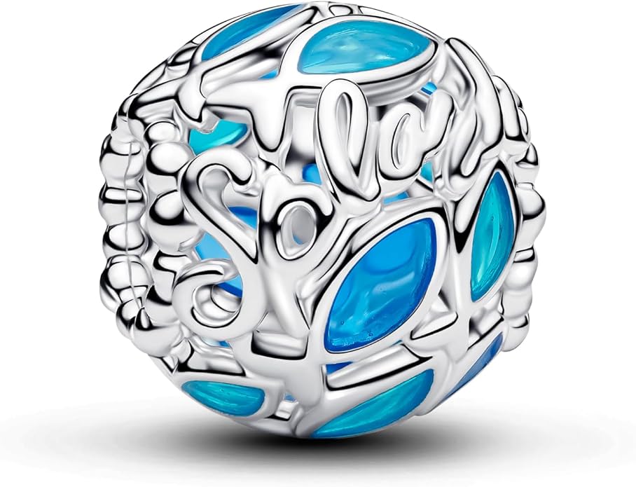Openwork Fish Sterling Silver Charm z przezroczystą niebieską emalią