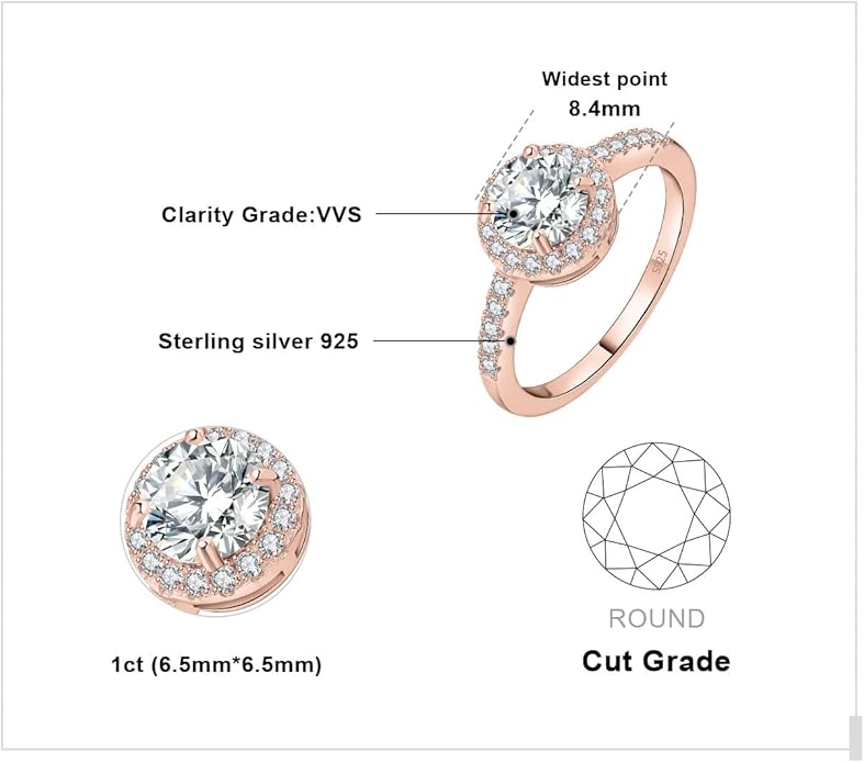 JewelryPalace okrągły szlif 1ct cyrkonia halo pierścionek zaręczynowy damski pierścionek zaręczynowy srebro 925, rocznicowe obrączki różowe złoto - obrazek 3