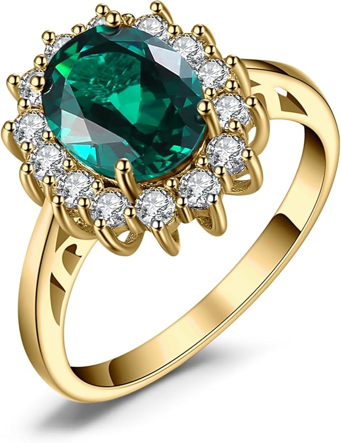 JewelryPalace Kate Middleton Halo Pierścionek damski pozłacany 14-karatowym żółtym złotem symulowany zielony szmaragd, księżniczka Diana William złote pierścionki damskie owalny kamień, cyrkonia złoty