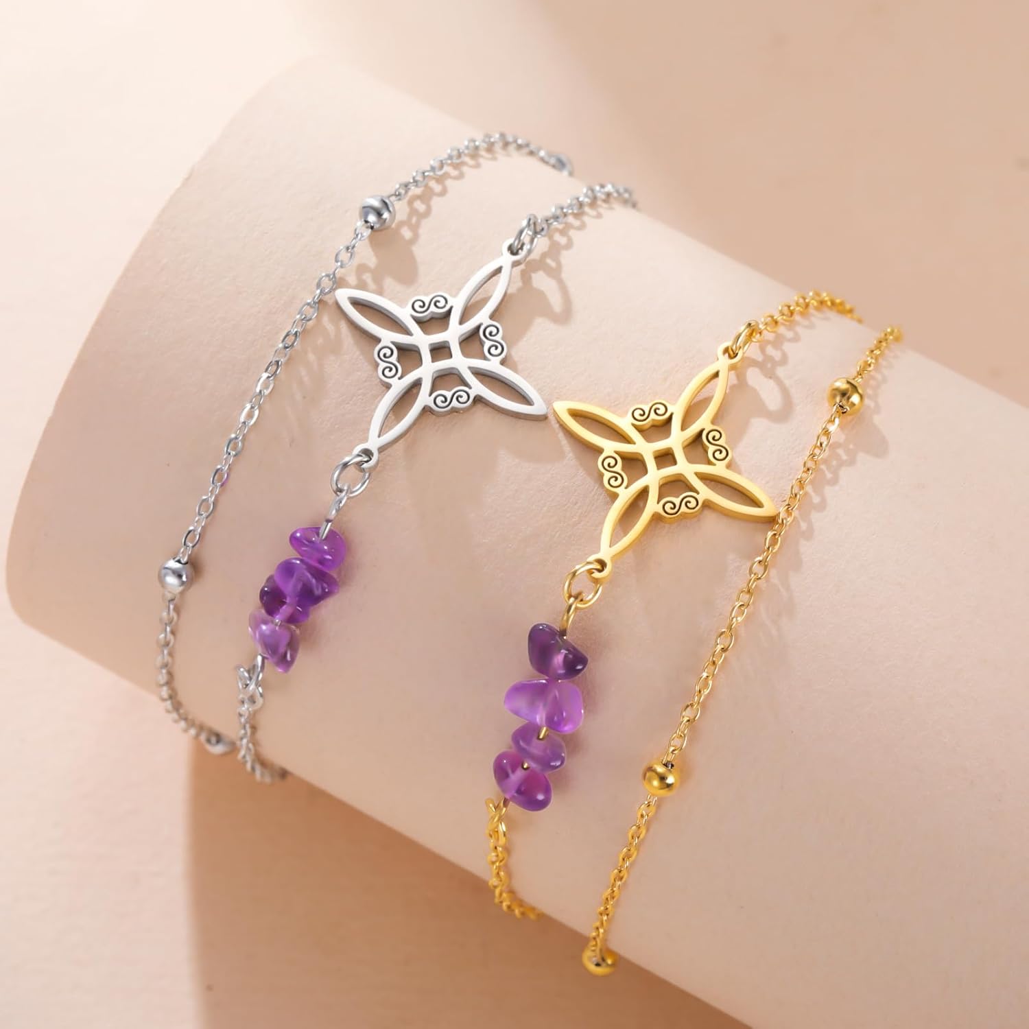 LIKGREAT Bransoletka z ametystowym kryształem czarownicy | Bransoletka ze stali nierdzewnej z koralikami Amulet ochrona celtycki węzeł Wicca Duchowa biżuteria dla kobiet - obrazek 6