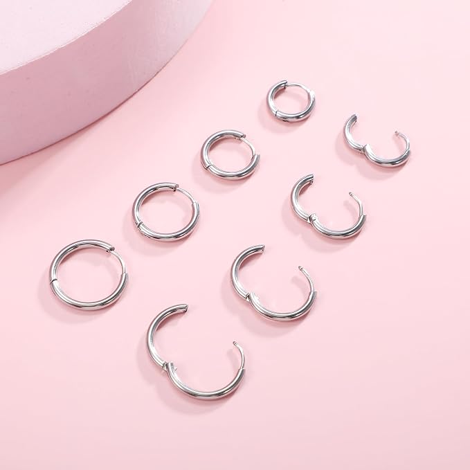 Zestaw 4 par kolczyków kółek ze stali chirurgicznej 316L dla mężczyzn i kobiet – 8 mm, 10 mm, 12 mm, 14 mm – srebrny - obrazek 5