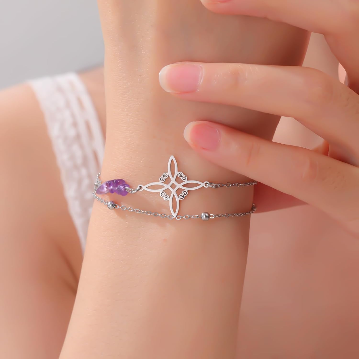 LIKGREAT Bransoletka z węzłem wiedźmy z kryształem ametystu | Bransoletka z koralików ze stali nierdzewnej Amulet ochronny z węzłem celtyckim biżuteria duchowa Wicca dla kobiet - obrazek 3